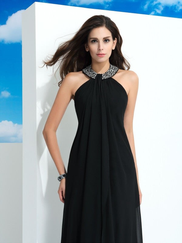 Vestidos largos de gasa sin mangas con cuello halter y cuentas